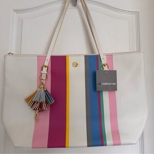 Liz Claiborne White Tote with Pink and Blue Stripes